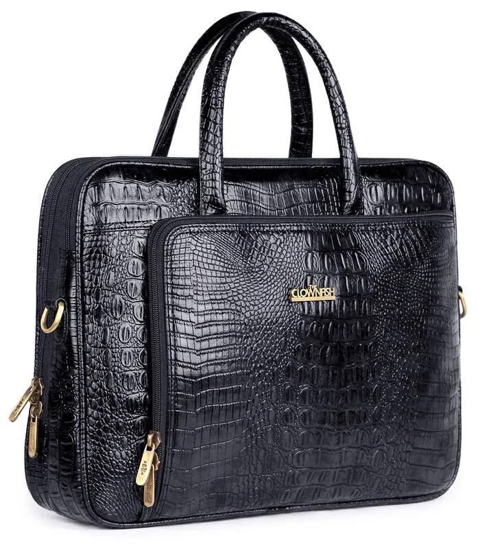 Crocodilan Laptop Briefcase Messenger Bag - Water Resistant Vegan Leather | 2 Compartments | 15.6 Inch | Black