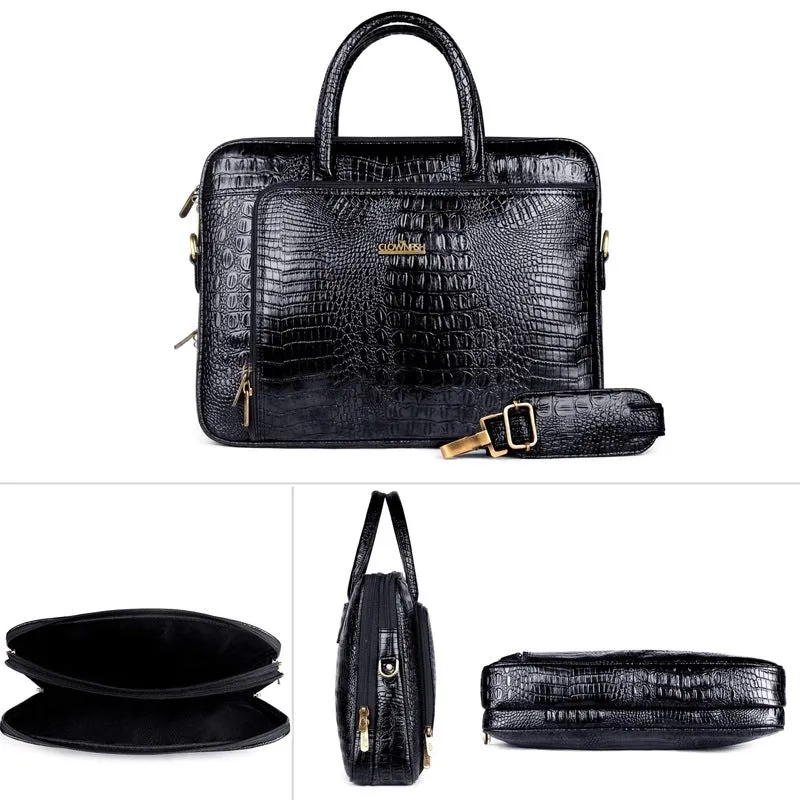 Crocodilan Laptop Briefcase Messenger Bag - Water Resistant Vegan Leather | 2 Compartments | 15.6 Inch | Black