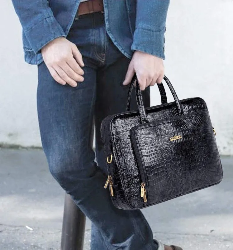 Crocodilan Laptop Briefcase Messenger Bag - Water Resistant Vegan Leather | 2 Compartments | 15.6 Inch | Black