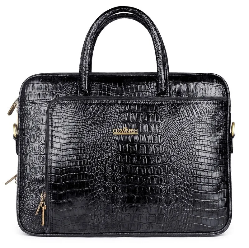 Crocodilan Laptop Briefcase Messenger Bag - Water Resistant Vegan Leather | 2 Compartments | 15.6 Inch | Black