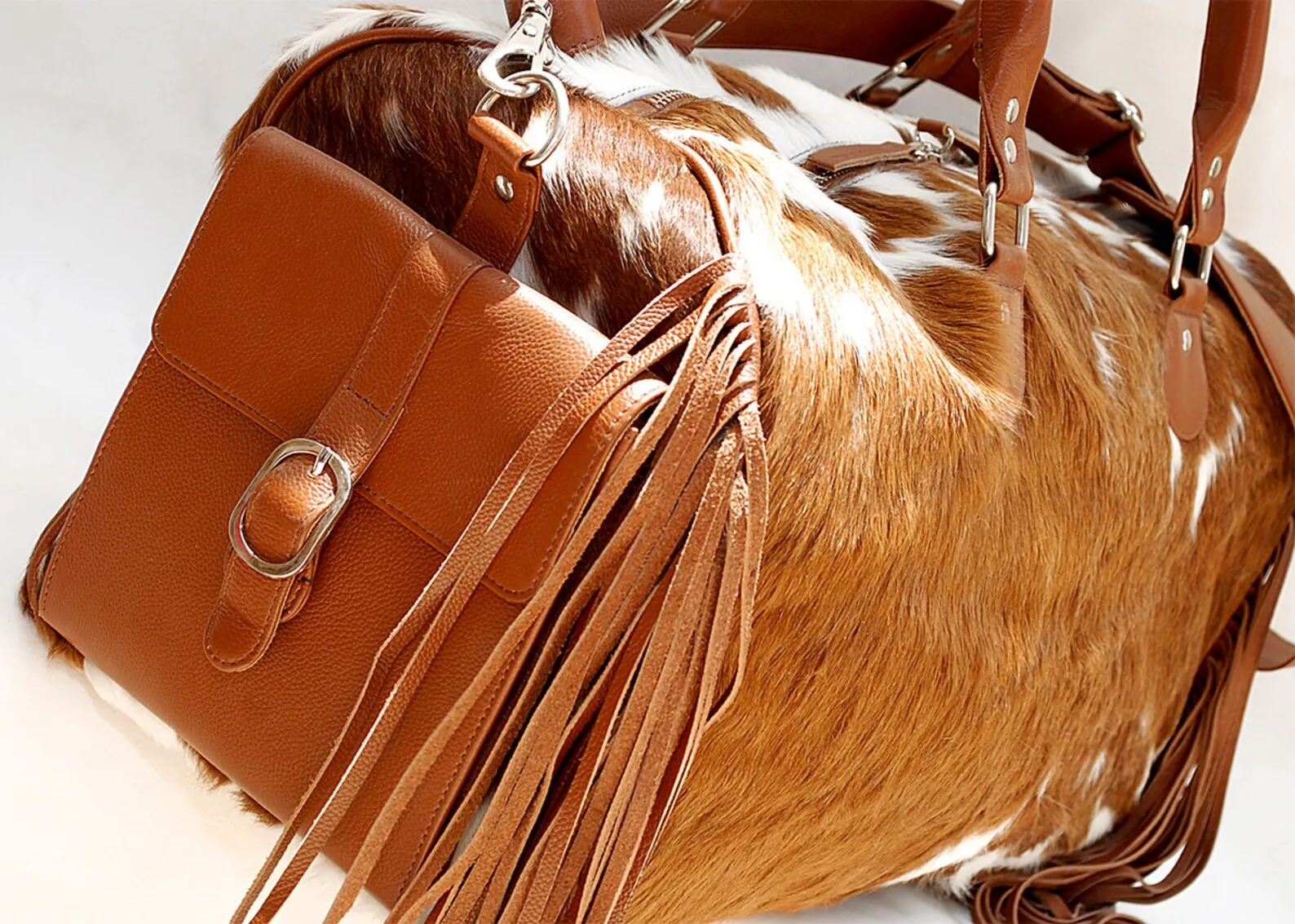 Exotic Brown White Cowhide Duffle Bag
