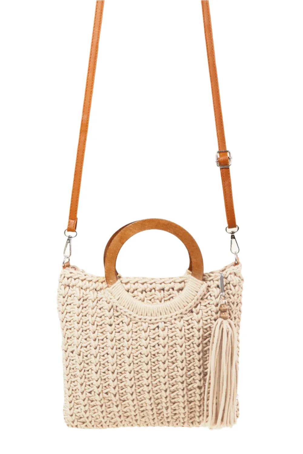 Fame Crochet Knit Convertible Tote Bag with Tassel