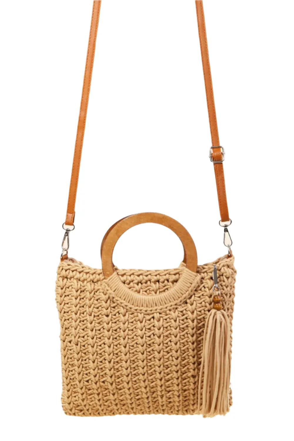 Fame Crochet Knit Convertible Tote Bag with Tassel
