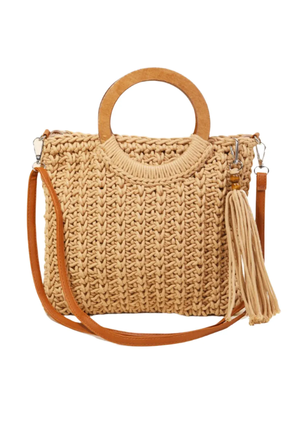 Fame Crochet Knit Convertible Tote Bag with Tassel