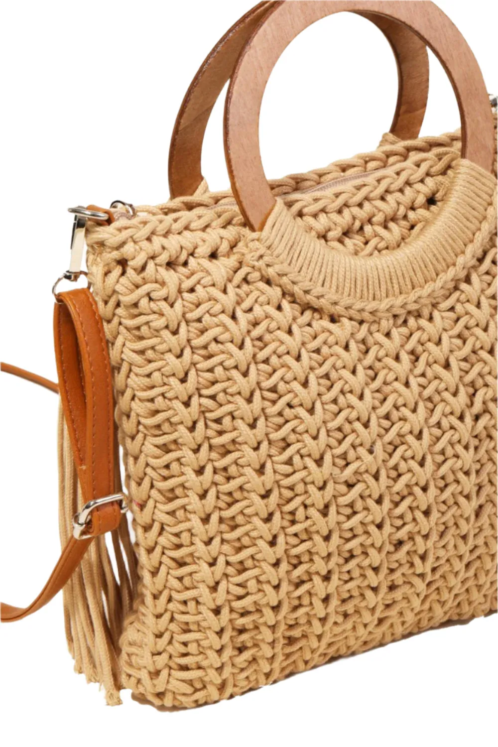 Fame Crochet Knit Convertible Tote Bag with Tassel