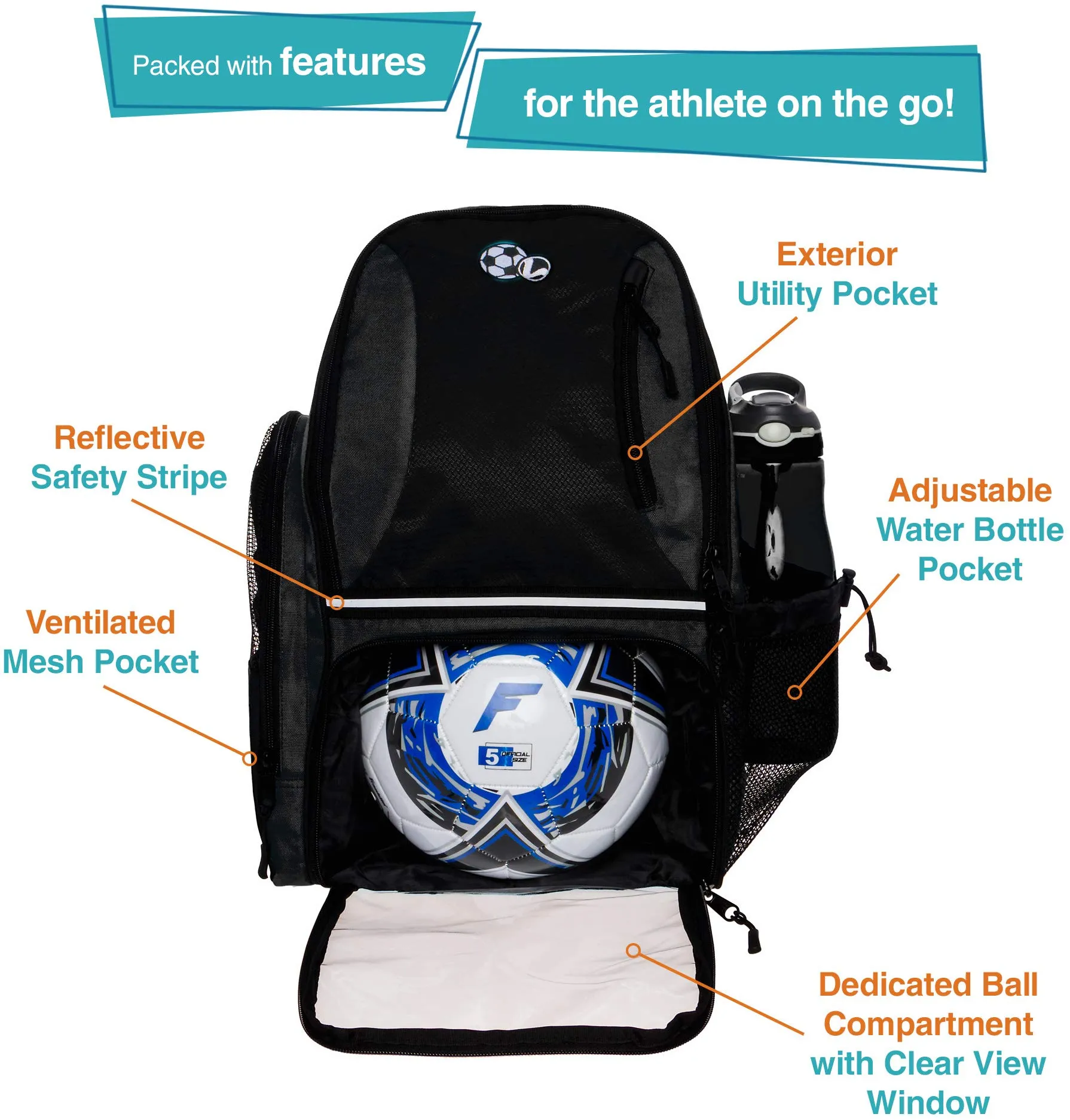 LISH Soccer Backpack - Large School Sports Gym Bag w/ Ball Compartment (Black)