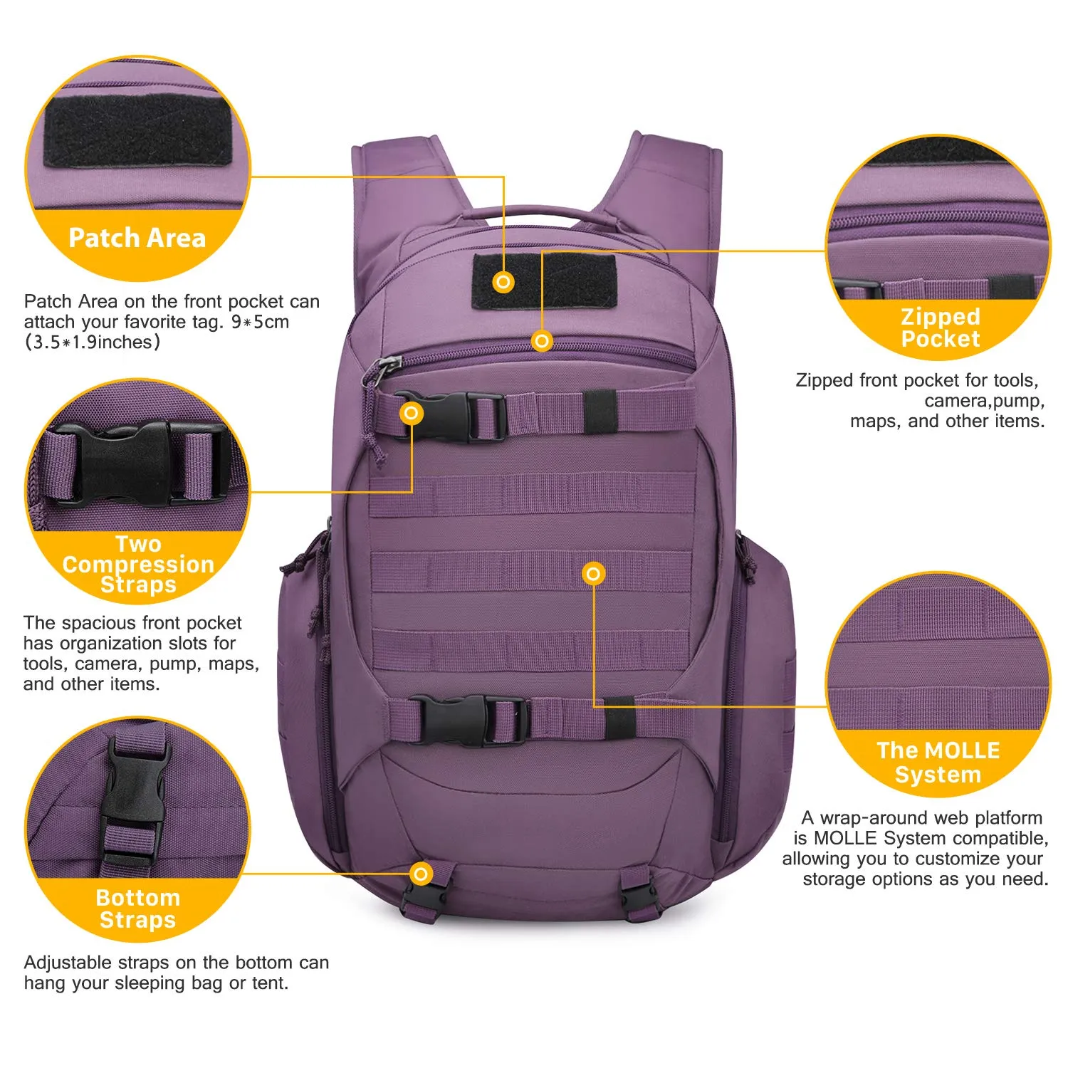 Mardingtop 28L Tactical Backpacks Molle Hiking daypacks for Camping Hiking Military Traveling 28L-Purple