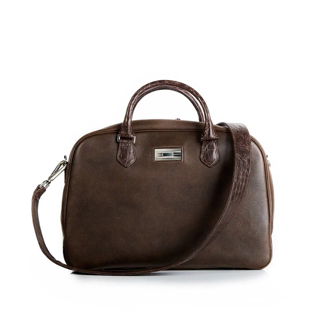 Newport Travel Satchel Bag - Brown Leather & Croc Weekender