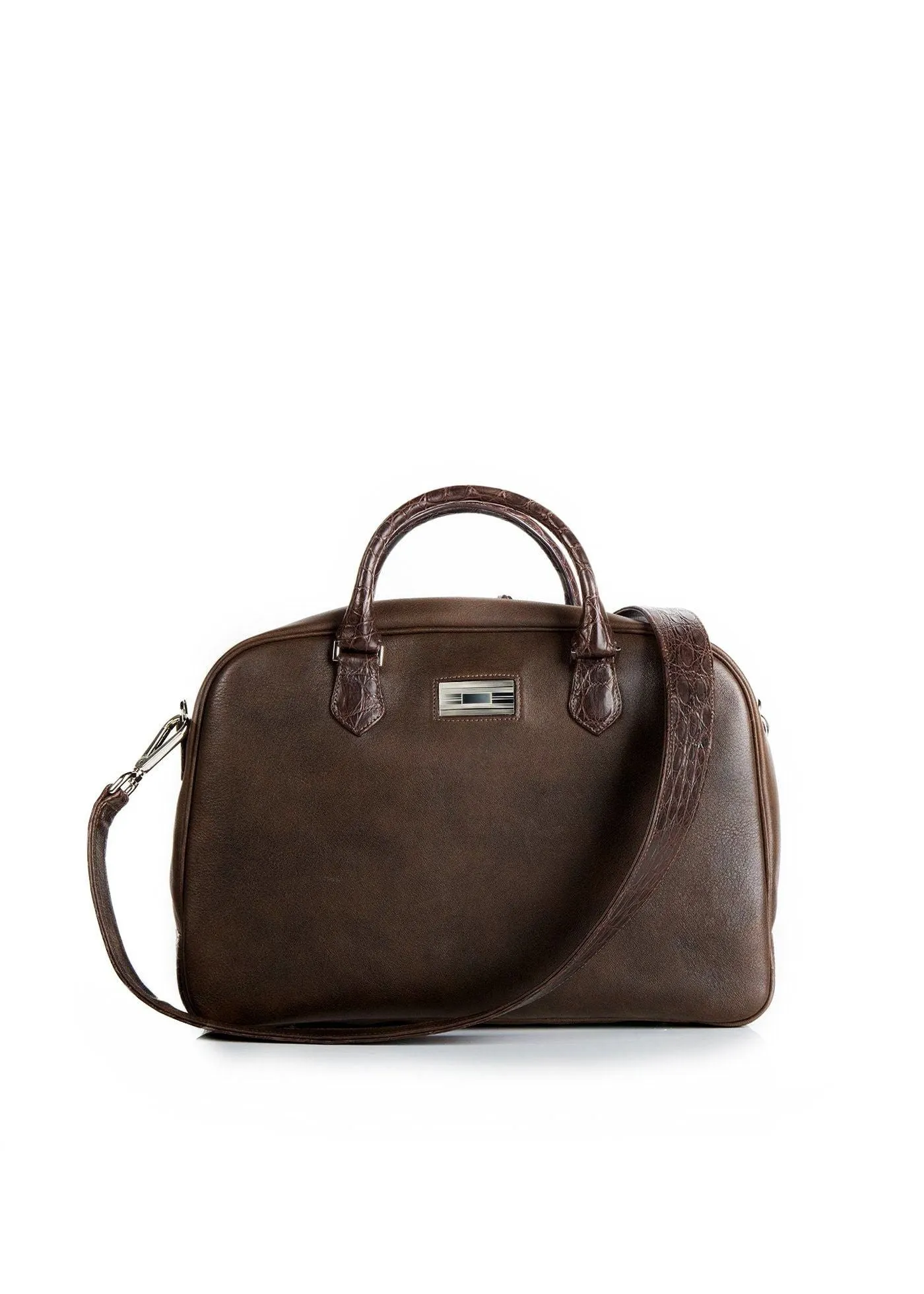 Newport Travel Satchel Bag - Brown Leather & Croc Weekender