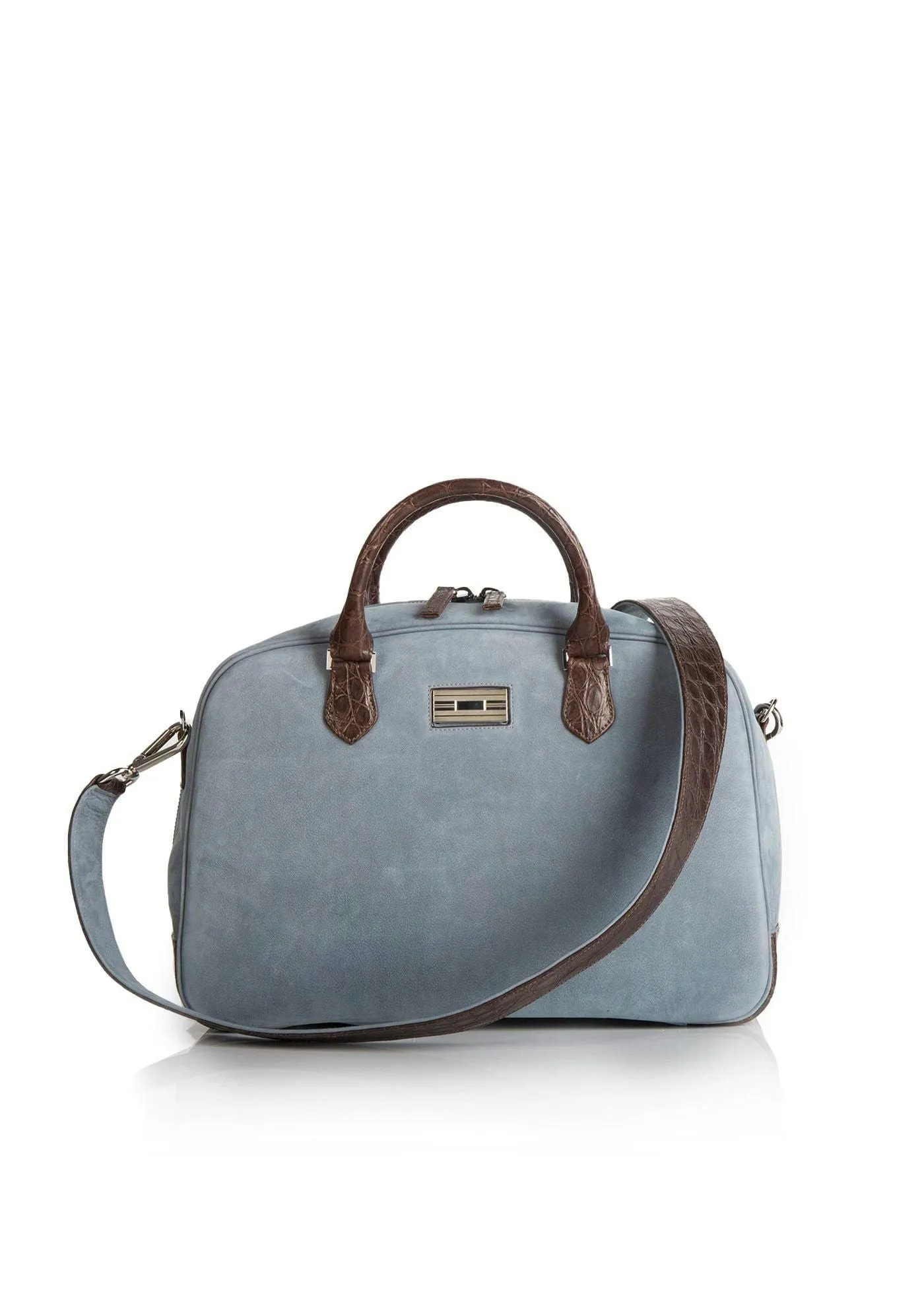 Newport Travel Satchel Bag, Denim Blue Suede & Brown Croc Weekender