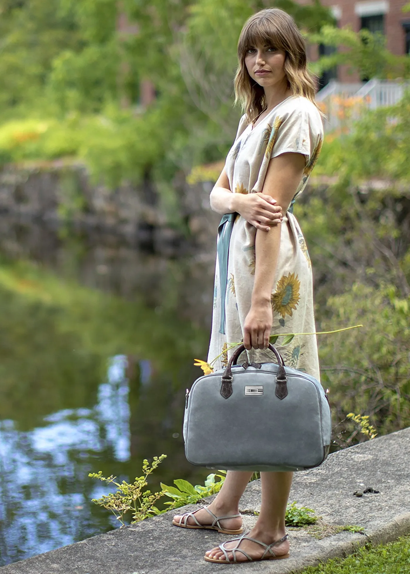 Newport Travel Satchel Bag, Denim Blue Suede & Brown Croc Weekender