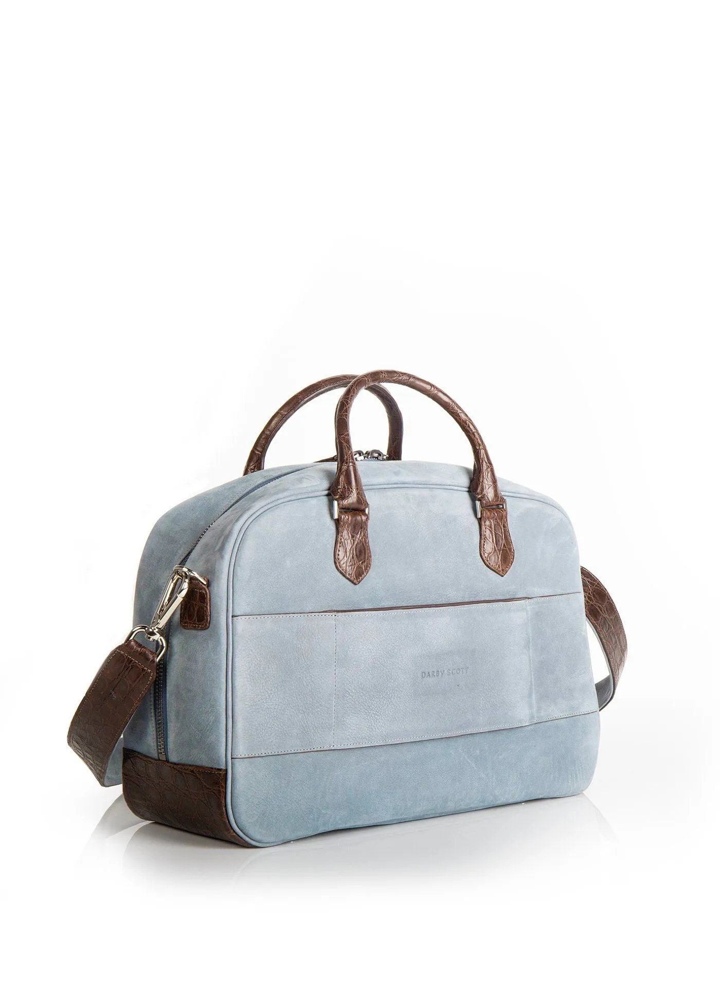 Newport Travel Satchel Bag, Denim Blue Suede & Brown Croc Weekender