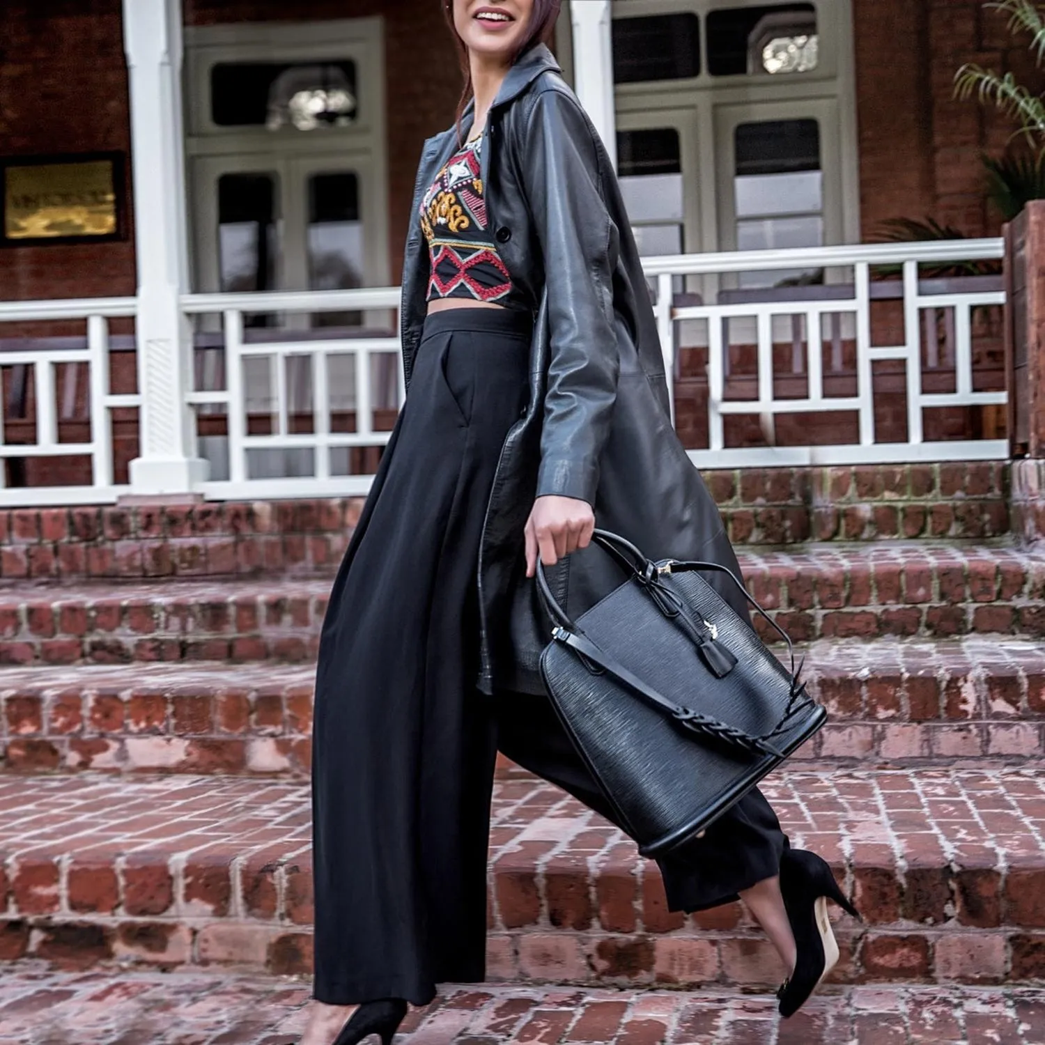 Paris End Bag - Tall.  Epi Leather- Black