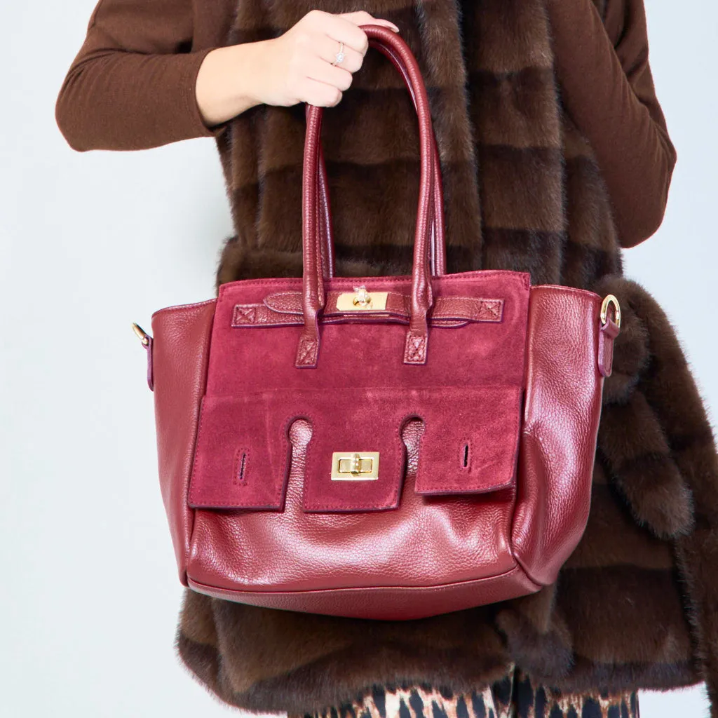 Structured leather tote bags with lock detail wholesale
