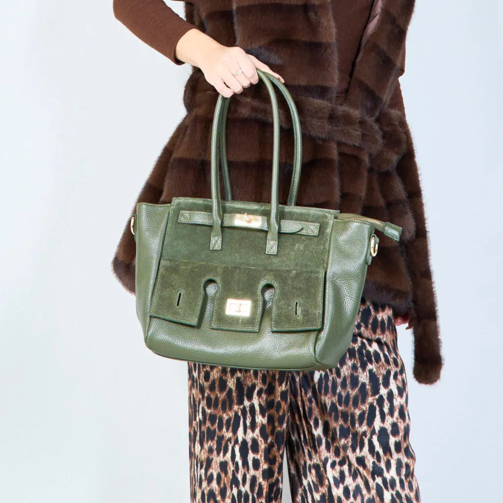Structured leather tote bags with lock detail wholesale
