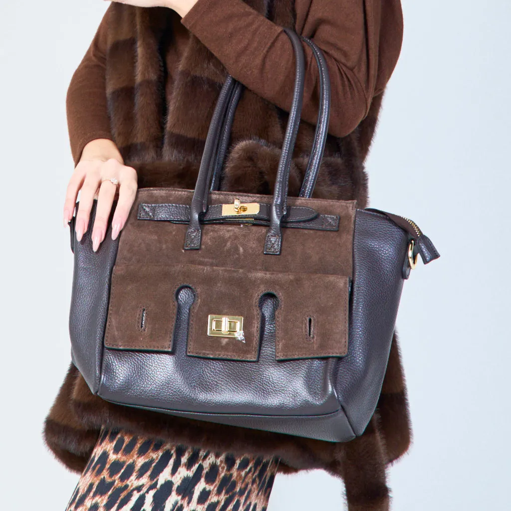 Structured leather tote bags with lock detail wholesale