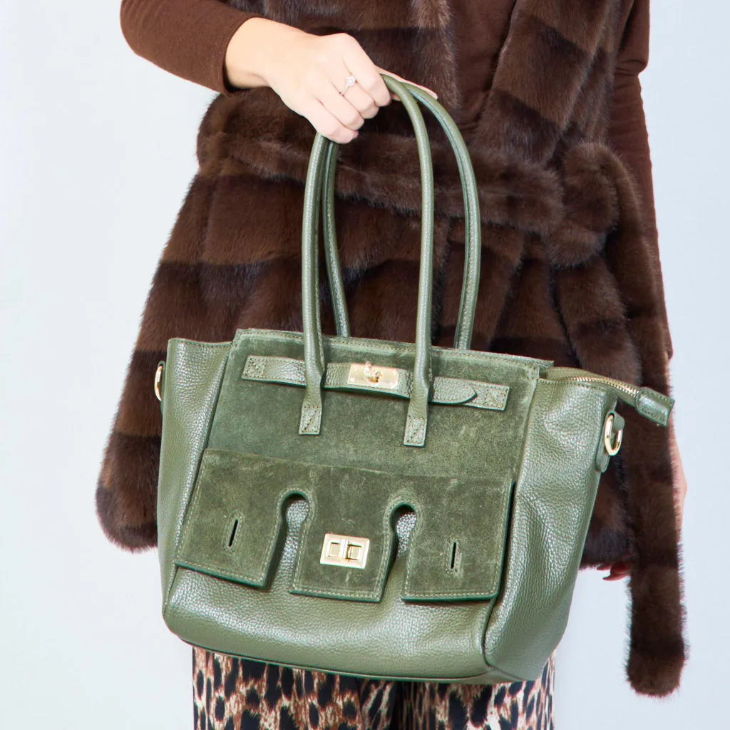 Structured leather tote bags with lock detail wholesale