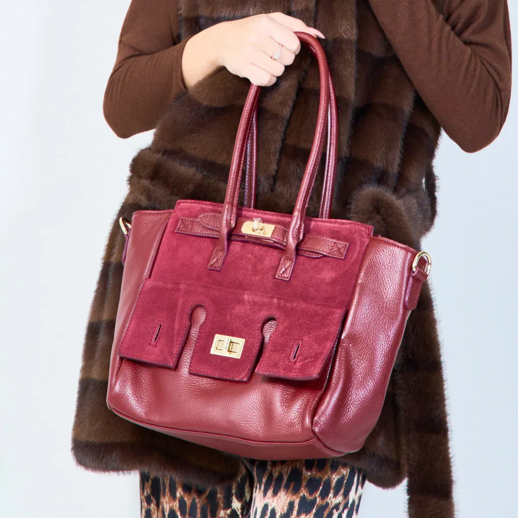 Structured leather tote bags with lock detail wholesale