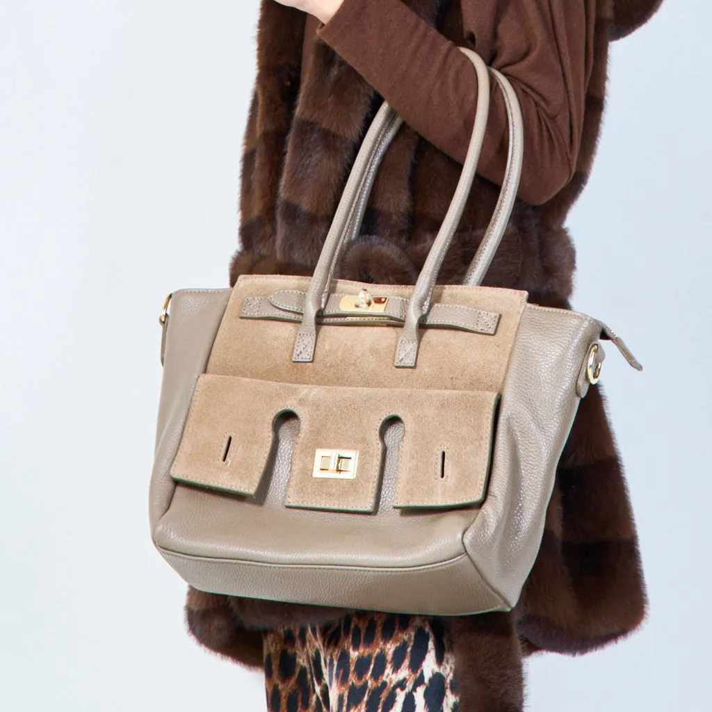 Structured leather tote bags with lock detail wholesale