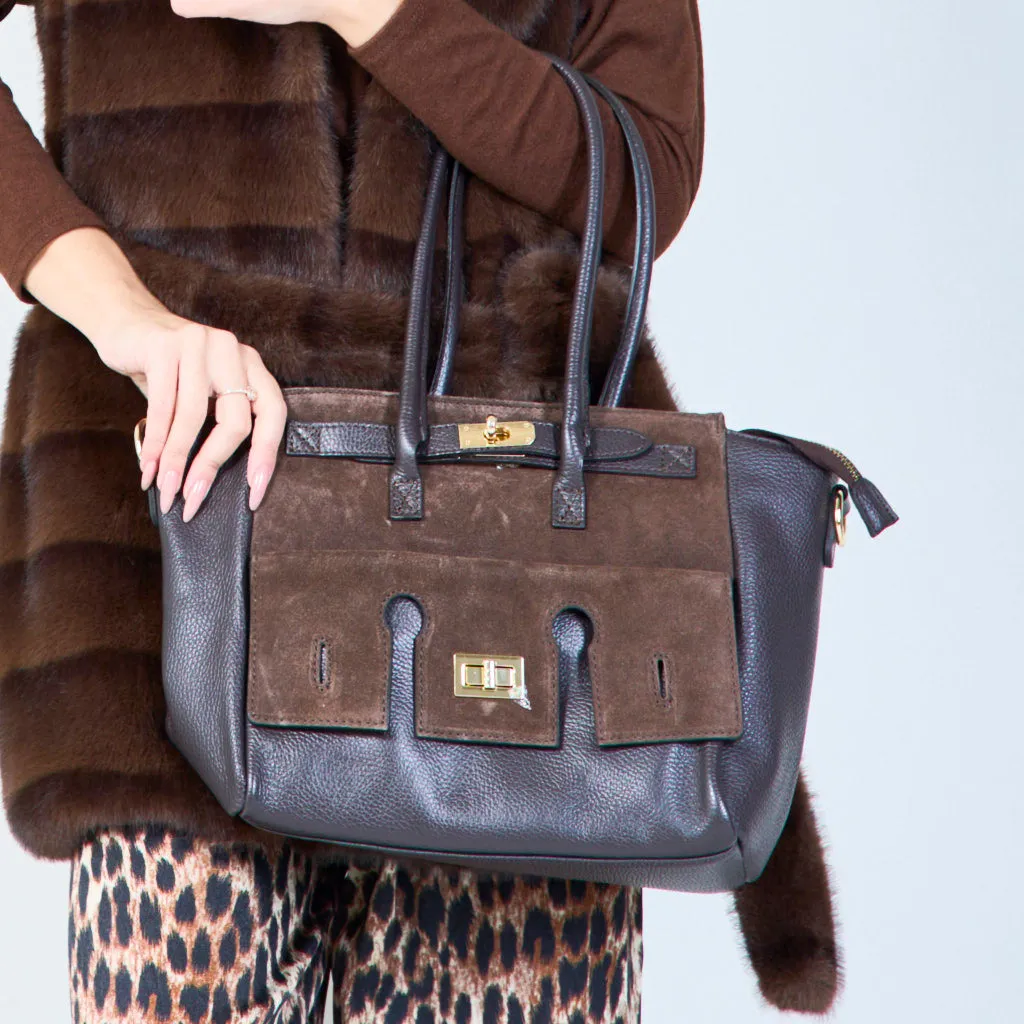 Structured leather tote bags with lock detail wholesale