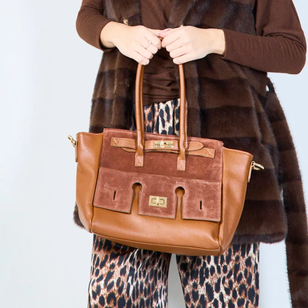 Structured leather tote bags with lock detail wholesale