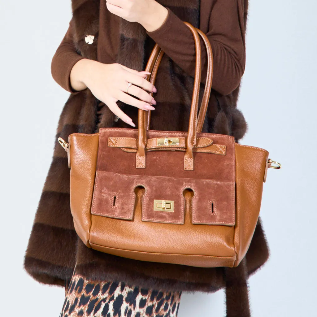 Structured leather tote bags with lock detail wholesale