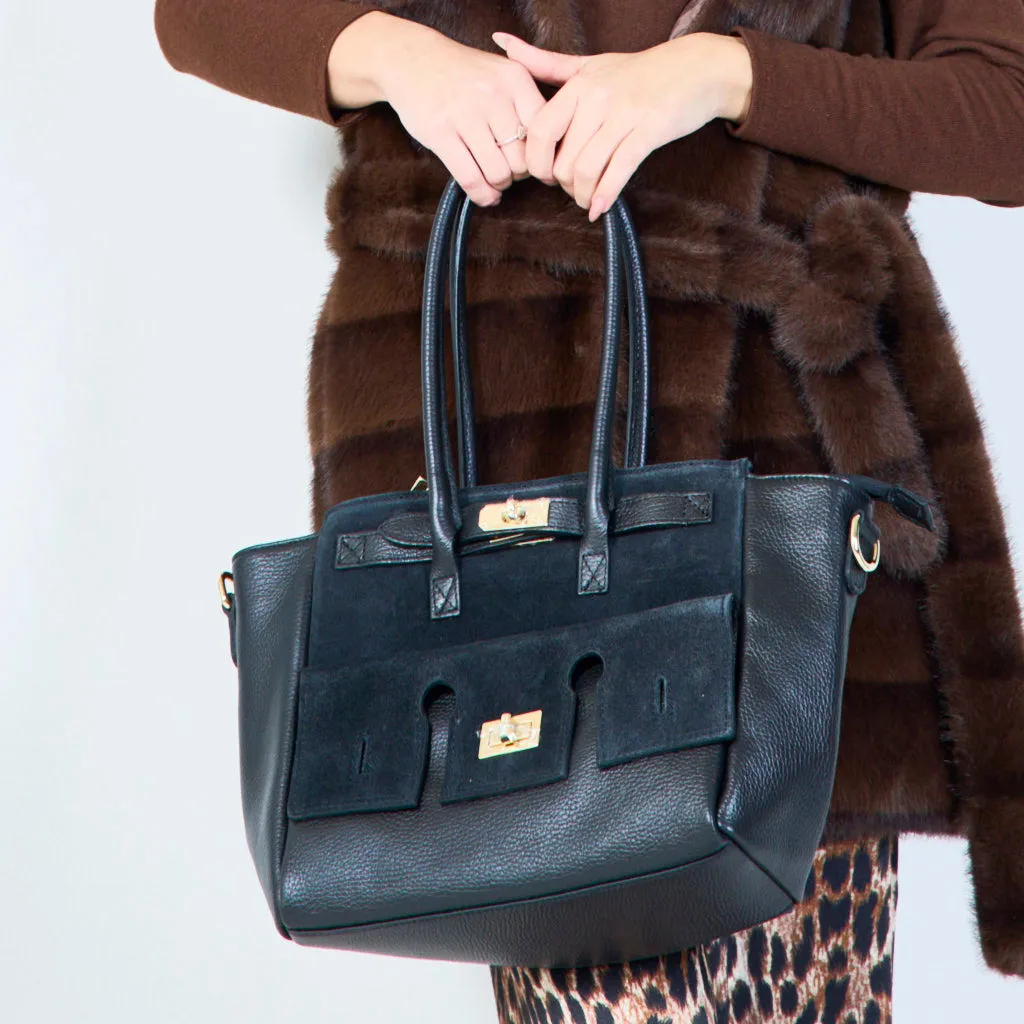 Structured leather tote bags with lock detail wholesale