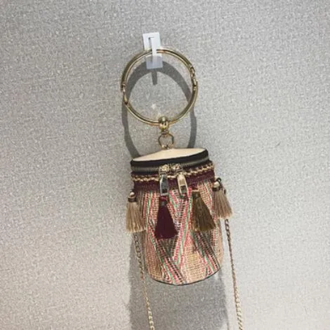 Unique Woven and Tassel Bucket Purse with Chain and Hoop Detailing