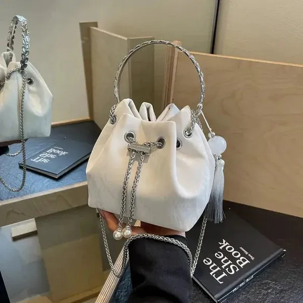 White Potli Bag with Crystal Tassel Ball and Rhinestone Details