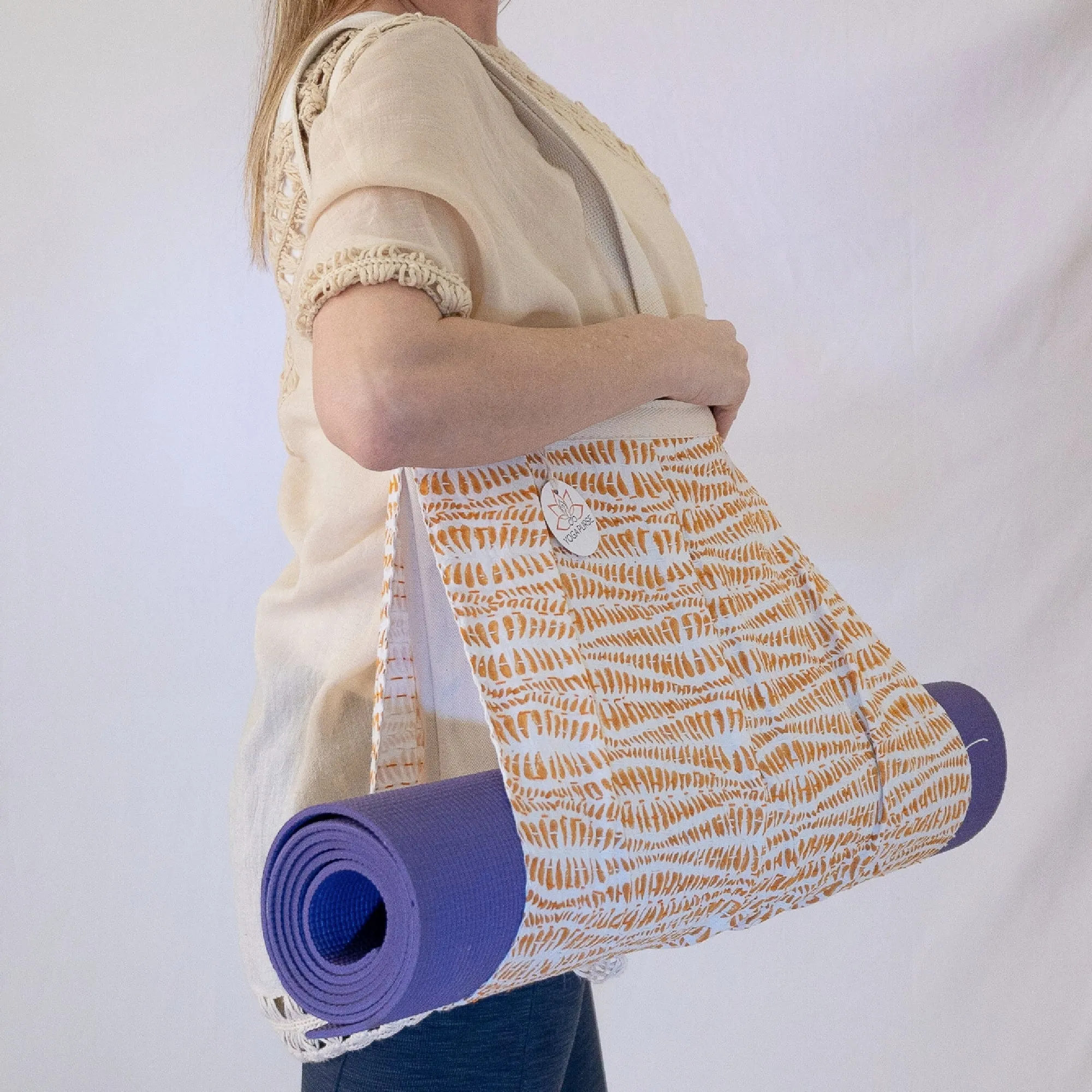 Yoga Mat Bag | Kantha Quilt | Mustard Yellow on White