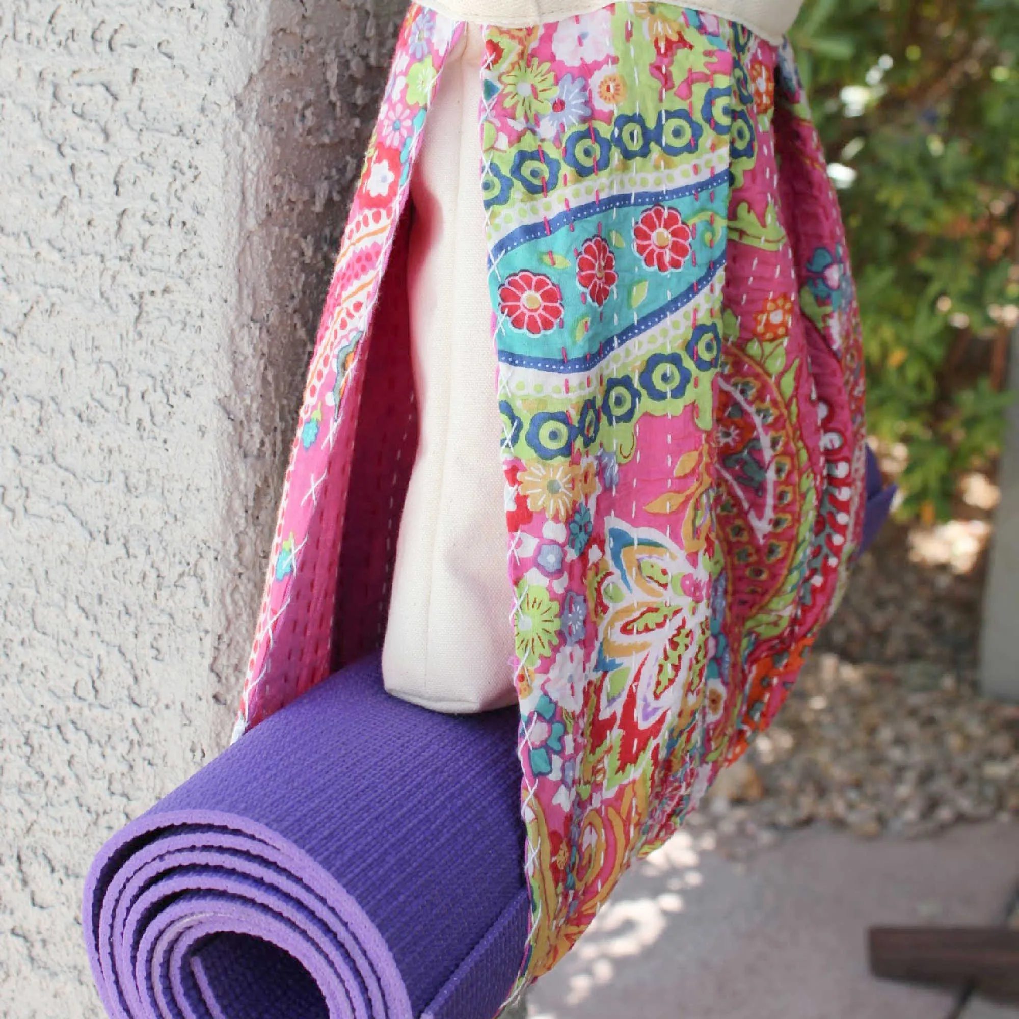 Yoga Mat Carrier | Kantha Quilt | Pink Paisley